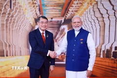 Thủ tướng Ấn Độ Narendra Modi đón Thủ tướng Lê Minh Hưng tham dự Hội nghị thượng đỉnh BRICS lần thứ 18. (Ảnh: Dương Giang/TTXVN)
