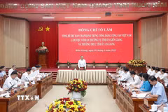 Tổng Bí thư Tô Lâm phát biểu chỉ đạo tại cuộc làm việc với Ban Thường vụ Tỉnh ủy Kiên Giang và Thường trực Tỉnh ủy An Giang. (Ảnh: Thống Nhất/TTXVN)