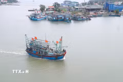 Tàu cá công suất lớn đang vào cửa biển Lạch Quèn (xã Quỳnh Phú, tỉnh Nghệ An). (Ảnh: Xuân Tiến/TTXVN)