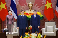 Thủ tướng Lê Minh Hưng hội kiến Nhà vua Vương quốc Thái Lan Maha Vajiralongkorn Phra Vajiraklaochaoyuhua và Hoàng hậu. (Ảnh: Dương Giang/TTXVN)