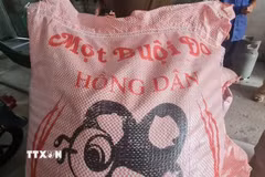 Bao gạo trên bao bì ghi “Một buội đỏ”. (Ảnh: Duy Khương/TTXVN)