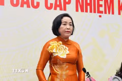Phó Chủ tịch Quốc hội Nguyễn Thị Thanh, Ủy viên Hội đồng Bầu cử quốc gia thông tin về tình hình, tiến độ cử tri tham gia bỏ phiếu. (Ảnh: Việt Đức/TTXVN)