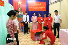 Các thành viên Tổ bầu cử số 27, phường Tam Thắng, Thành phố Hồ Chí Minh tiến hành kiểm phiếu. (Ảnh: Thanh Vũ/TTXVN)