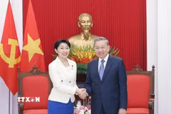 Tổng Bí thư Tô Lâm và bà Obuchi Yuko, Hạ nghị sỹ thuộc Đảng Dân chủ tự do, Chủ tịch Liên minh Nghị sỹ hữu nghị Nhật Bản-Việt Nam. (Ảnh: Thống Nhất/TTXVN)