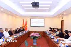 Tổng Giám đốc Thông tấn xã Việt Nam Vũ Việt Trang làm việc với Tổng Bí thư Đảng Lao động (PT) Mexico Alberto Anaya Gutierrez. (Ảnh: Tuấn Anh/TTXVN)