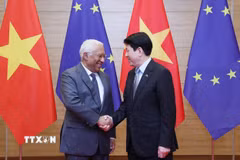 Chủ tịch nước Lương Cường đón Chủ tịch Hội đồng châu Âu António Costa dự tiệc chiêu đãi. (Ảnh: Lâm Khánh/TTXVN)