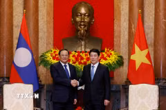 Chủ tịch nước Lương Cường tiếp Thủ tướng Lào Sonexay Siphandone. (Ảnh: Lâm Khánh/TTXVN)