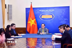 Bộ trưởng Bộ Ngoại giao Lê Hoài Trung điện đàm với Bộ trưởng Bộ Châu Âu và Ngoại giao Pháp Jean Noel Barrot. (Ảnh: TTXVN)