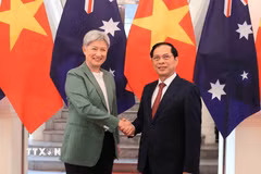 Phó Thủ tướng, Bộ trưởng Ngoại giao Bùi Thanh Sơn đón Bộ trưởng Ngoại giao Australia Penny Wong. (Ảnh: An Đăng/TTXVN)