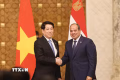 Chủ tịch nước Lương Cường và Tổng thống Ai Cập Abdel Fattah El-Sisi tại cuộc gặp gỡ báo chí, thông tin về kết quả hội đàm. (Ảnh: Lâm Khánh/TTXVN)