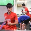 Các tuyển thủ U23 Việt Nam tập phục hồi thể lực trong phòng gym chuẩn bị cho trận chung kết Giải U23 Đông Nam Á 2025. (Ảnh: VFF)