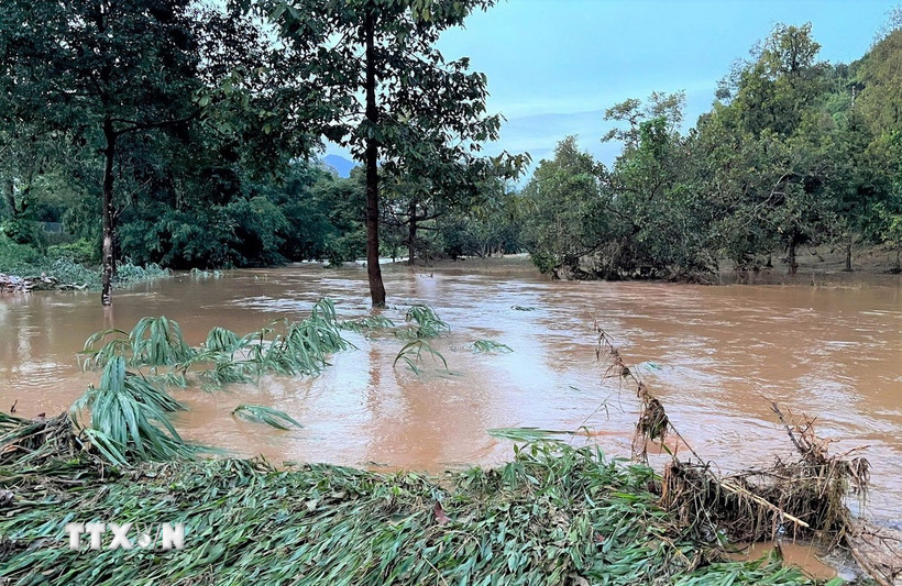 Một cây cầu dân sinh ở xã Đạ Huoai 3 bị lũ cuốn trôi. (Ảnh: TTXVN phát)