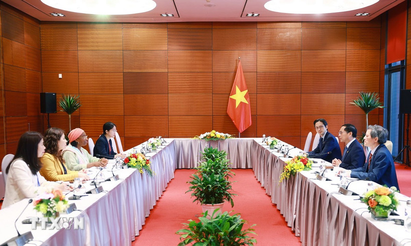 Phó Thủ tướng, Bộ trưởng Ngoại giao Bùi Thanh Sơn tiếp bà Fatou Haidara, Phó Tổng giám đốc Tổ chức Phát triển Công nghiệp Liên hợp quốc (UNIDO). (Ảnh: Dương Giang-TTXVN)