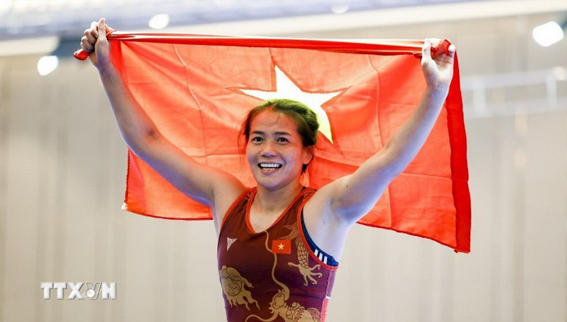 Nguyễn Thị Mỹ Hạnh - một trong những niềm hy vọng giành Huy chương Vàng tại SEA Games 33 của đội tuyển Vật Quốc gia. (Ảnh: Minh Quyết/TTXVN)