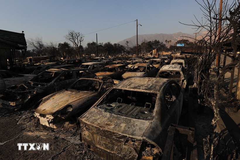 Xe ôtô bị hỏa hoạn từ đám cháy rừng thiêu rụi tại Los Angeles, bang California, Mỹ ngày 10/1/2025. (Ảnh: THX/TTXVN)