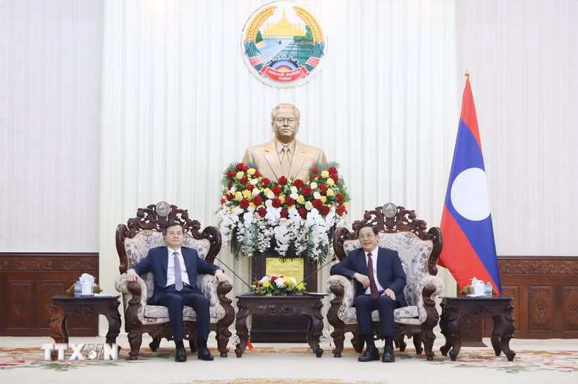 Thủ tướng Chính phủ Lào Sonexay Siphandone (phải) tiếp PGS.TS Đoàn Minh Huấn, Ủy viên Bộ Chính trị, Giám đốc Học viện Chính trị quốc gia Hồ Chí Minh đến chào xã giao. (Ảnh: Xuân Tú/TTXVN)