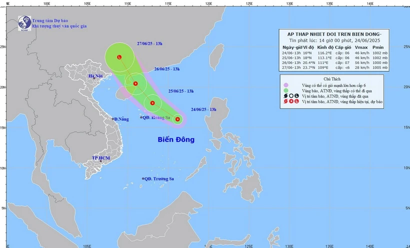 Trưa 24/6, vùng áp thấp trên khu vực Bắc Biển Đông đã mạnh lên thành áp thấp nhiệt đới. (Nguồn: nchmf) Trưa 24/6, vùng áp thấp trên khu vực Bắc Biển Đông đã mạnh lên thành áp thấp nhiệt đới. (Nguồn: nchmf)