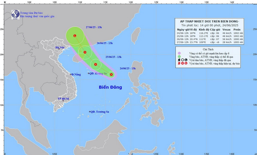Trưa 24/6, vùng áp thấp trên khu vực Bắc Biển Đông đã mạnh lên thành áp thấp nhiệt đới. (Nguồn: nchmf)