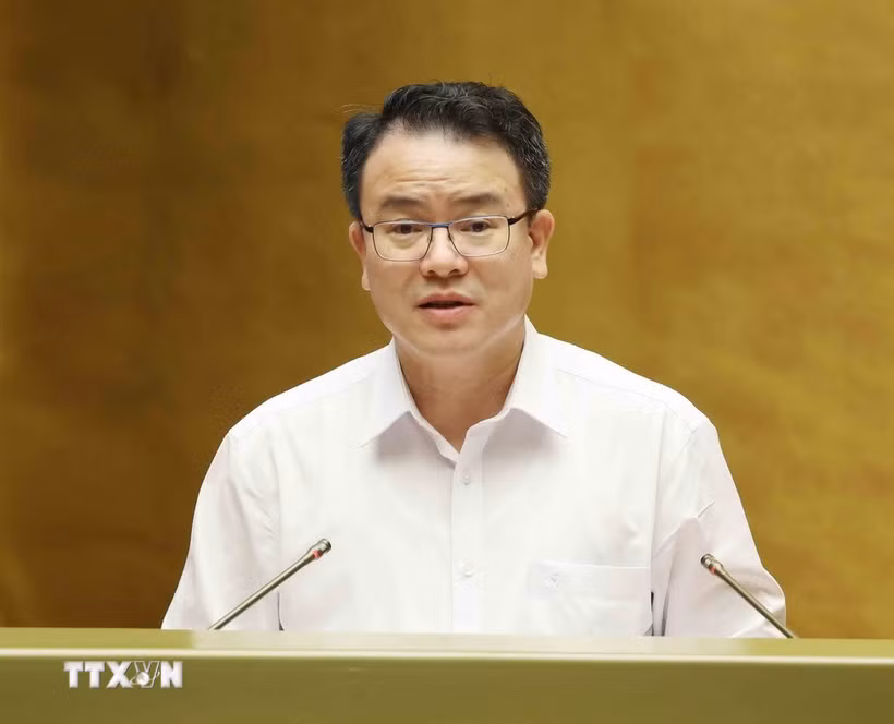 Thứ trưởng Bộ Tài chính Trần Quốc Phương trình bày tham luận tại hội nghị. (Ảnh: Phương Hoa/TTXVN)