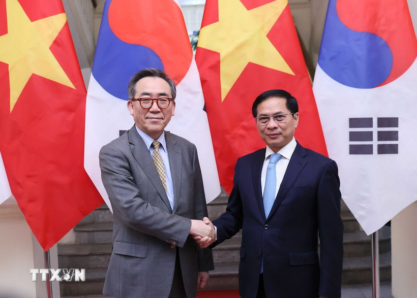 Phó Thủ tướng, Bộ trưởng Bộ Ngoại giao Bùi Thanh Sơn đón Bộ trưởng Ngoại giao Hàn Quốc Cho Tae Yul. (Ảnh: An Đăng/TTXVN)