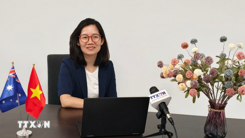 Bà Trần Thị Thanh Mỹ, Trưởng Cơ quan Thương vụ Việt Nam tại Australia, chia sẻ với phóng viên TTXVN về tiềm năng quan hệ thương mại và đầu tư Việt Nam-Australia. (Ảnh: Trung Trang/TTXVN)