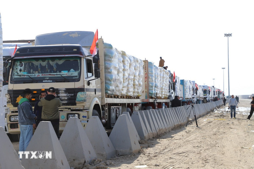 Nhiều xe tải chở hàng viện trợ nhân đạo xếp hàng ở phía Ai Cập để vào Dải Gaza qua cửa khẩu Rafah. (Ảnh: Nguyễn Trường/TTXVN)