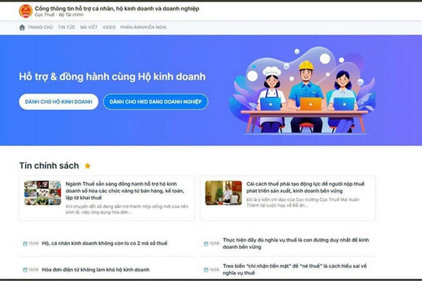 Giao diện Cổng thông tin hỗ trợ cá nhân, hộ kinh doanh, doanh nghiệp được thiết kế tối giản và thân thiện với người nộp thuế. (Ảnh chụp màn hình)