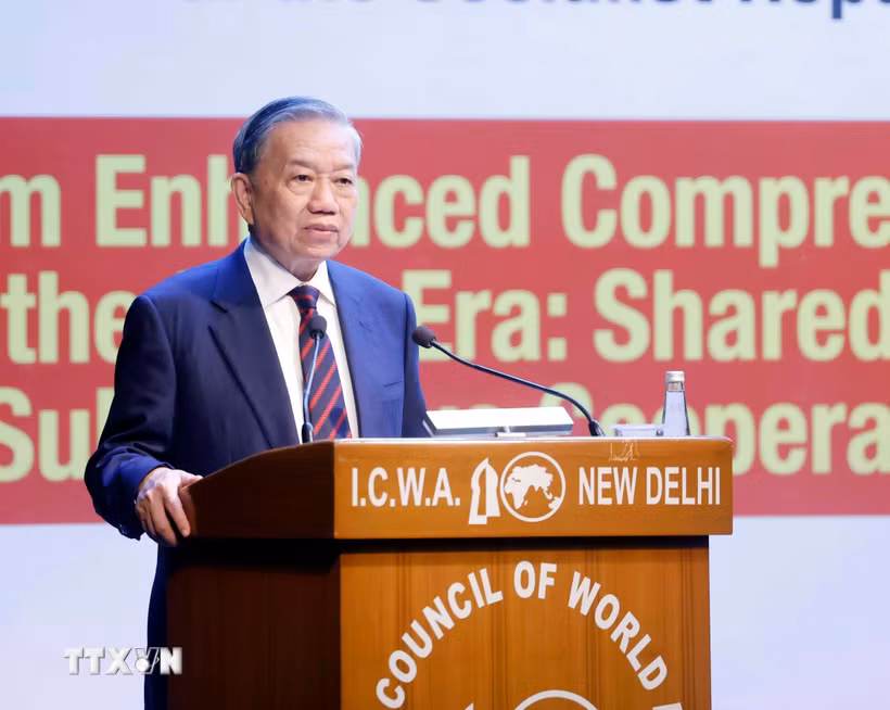 Tổng Bí thư, Chủ tịch nước Tô Lâm phát biểu chính sách tại Hội đồng Ấn Độ về các vấn đề thế giới. (Ảnh: Thống Nhất/TTXVN)