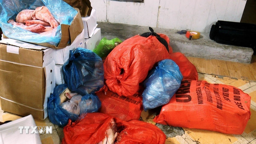 Số thực phẩm đông lạnh không có hóa đơn, chứng từ chứng minh nguồn gốc, xuất xứ. (Ảnh: Hải Yến/TTXVN)