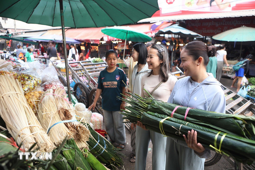 Chị Phạm Thu Hương, 56 tuổi, Việt kiều tại Lào, hướng dẫn các con cách chọn lá dong gói bánh chưng. (Ảnh: Xuân Tú/TTXVN)