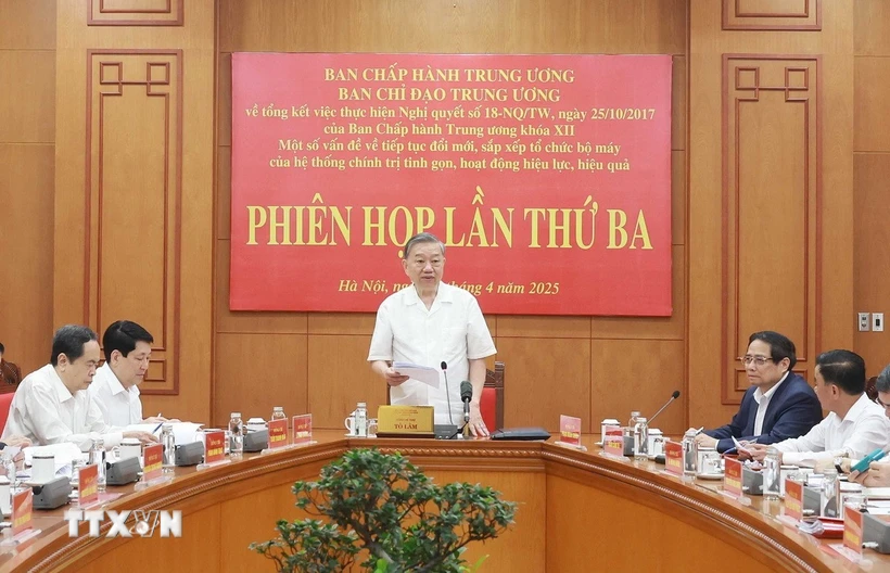 Tổng Bí thư Tô Lâm chủ trì Phiên họp thứ ba Ban Chỉ đạo Trung ương về tổng kết thực hiện Nghị quyết 18-NQ/TW. (Ảnh: Thống Nhất/TTXVN) Tổng Bí thư Tô Lâm chủ trì Phiên họp thứ ba Ban Chỉ đạo Trung ương về tổng kết thực hiện Nghị quyết 18-NQ/TW. (Ảnh: Thống Nhất/TTXVN)