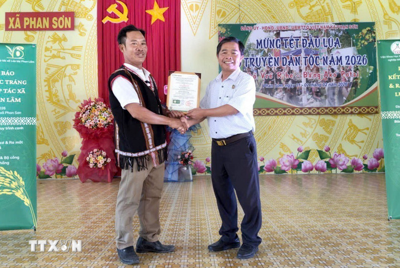 Trao Giấy chứng nhận Hữu cơ cho sản phẩm lúa Mẹ (loại lúa truyền thống của người dân tộc K'ho, Raglai) cho Hợp tác xã Lúa Mẹ Phan Lâm. (Ảnh: Nguyễn Thanh/TTXVN)