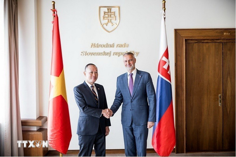 Chủ tịch Quốc hội Slovakia Richard Raci tiếp Đại sứ Phạm Trường Giang. (Ảnh TTXVN phát)