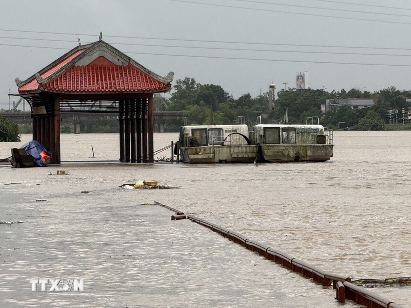 Bến Thả hoa bờ Nam sông Thạch Hãn, thị xã Quảng Trị ngập sâu trong nước. (Ảnh: Thanh Thủy/TTXVN)
