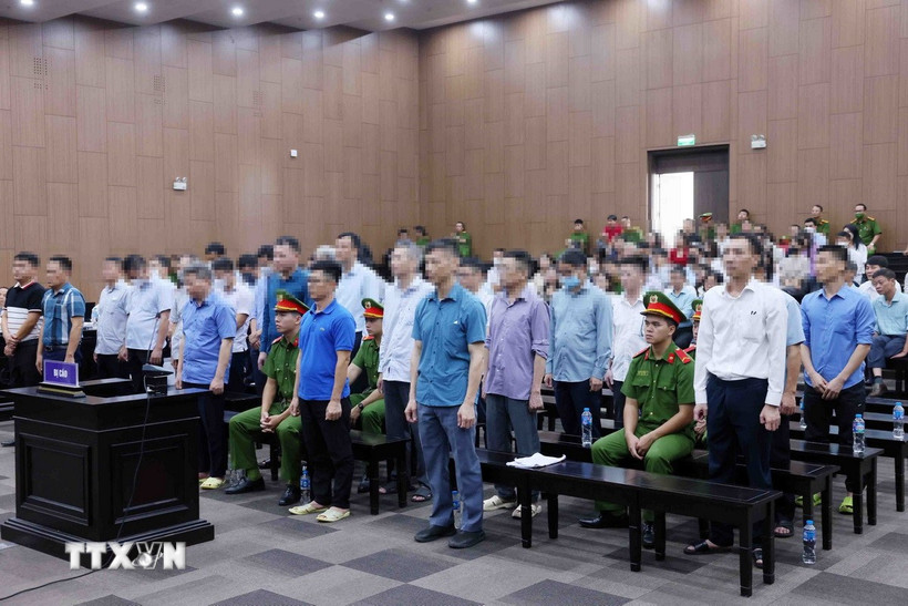 Các bị cáo tại phiên tòa xét xử. (Ảnh: Phạm Kiên/TTXVN)