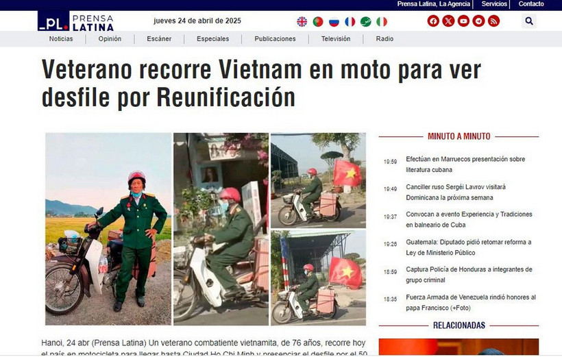 Bài viết về cựu chiến binh Trần Văn Thanh trên Prensa Latina. (Ảnh chụp màn hình)