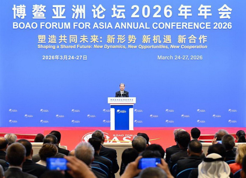 Ông Triệu Lạc Tế, Ủy viên trưởng Nhân đại toàn quốc Trung Quốc, phát biểu tại phiên họp toàn thể Hội nghị thường niên Diễn đàn Bác Ngao châu Á (BFA) năm 2026 ngày 26/3. (Ảnh: Tân Hoa Xã)