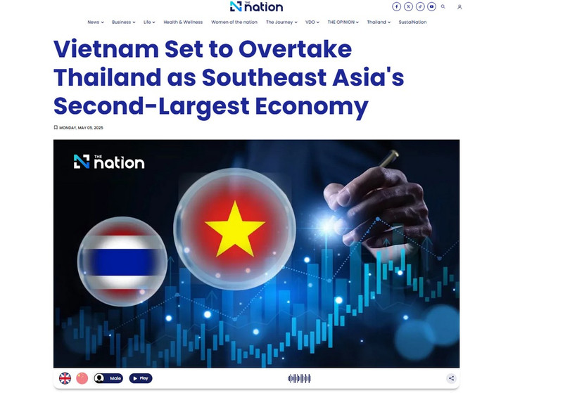 Tiêu đề bài viết trên báo The Nation nhận định nền kinh tế Việt Nam phát triển sắp vượt Thái Lan.