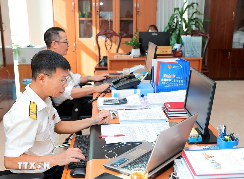 Cán bộ, công chức Cục Thuế tỉnh Hòa Bình rà soát, chuẩn hóa dữ liệu số định danh cá nhân làm mã số thuế cá nhân. (Ảnh: Phạm Hậu/TTXVN)