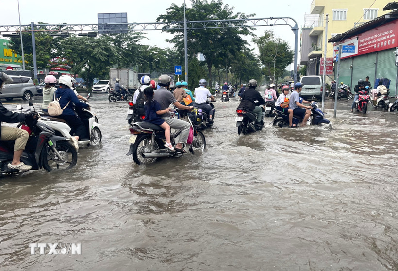 Nhiều phương tiện di chuyển khó khăn do triều cường trên đường Nguyễn Lương Bằng, Thành phố Hồ Chí Minh ngày 6/11. (Ảnh: Hương Giang/TTXVN)