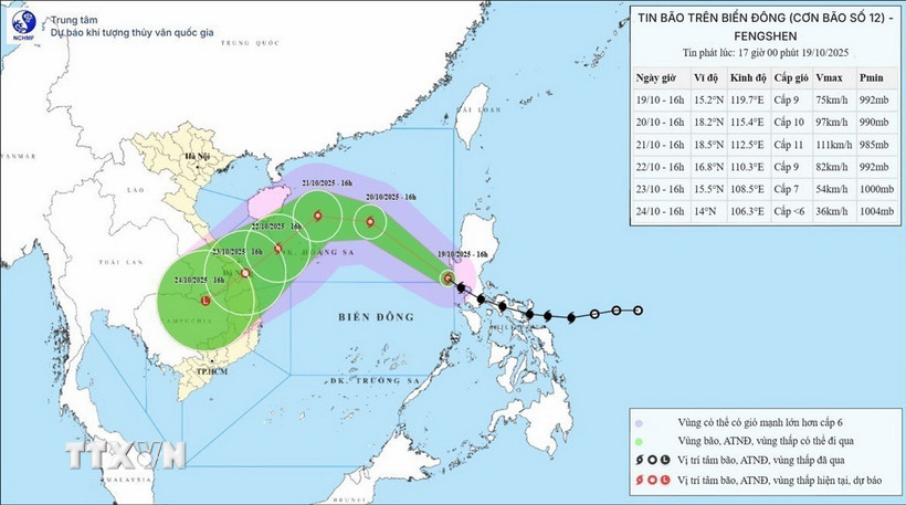 Hướng di chuyển của bão số 12 lúc 19h ngày 19/10. (Ảnh: TTXVN phát)