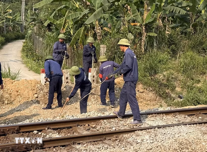 Các lực lượng chức năng liên ngành xoá bỏ những lối mở tự phát qua đường sắt tại xã Đồng Lê, tỉnh Quảng Trị. (Ảnh: Thanh Thủy/TTXVN)