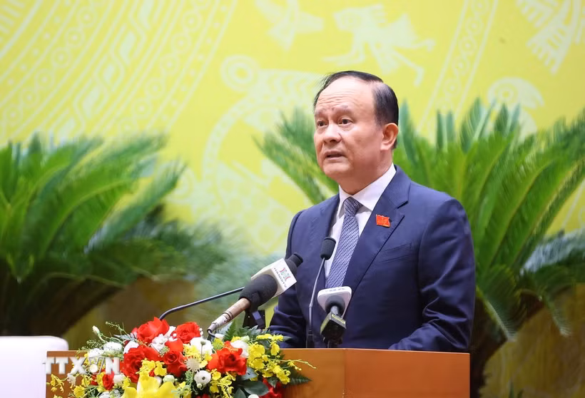 Chủ tịch HĐND thành phố Hà Nội Nguyễn Ngọc Tuấn phát biểu. (Ảnh: Văn Điệp/TTXVN)