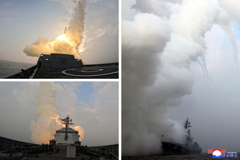 Triều Tiên tiến hành thử nghiệm tên lửa hành trình chiến lược từ tàu khu trục mới thuộc lớp Choe Hyon trước sự chứng kiến ​​của nhà lãnh đạo Kim Jong-un ngày 4/3. (Nguồn: KCNA/Yonhap)