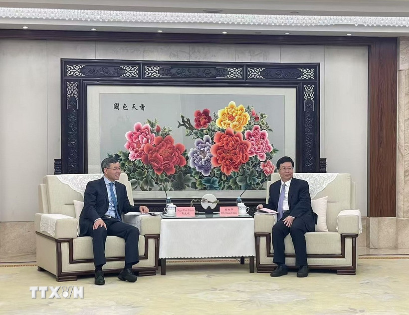 Tổng Kiểm toán nhà nước Ngô Văn Tuấn làm việc với ông Hồ Hoành Hoa, Thị trưởng thành phố Trùng Khánh. (Ảnh: Quang Hưng/TTXVN)