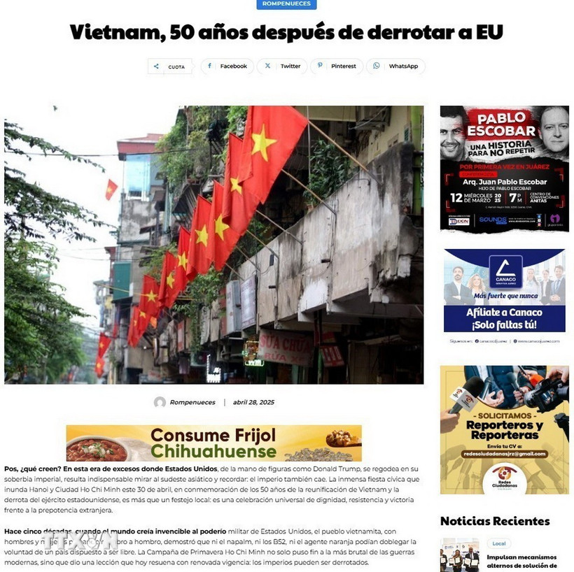 Bài viết “Việt Nam, 50 năm sau khi thắng Mỹ” của tác giả Carlos Mendez (bút danh Rompenueces- Kẹp hạt dẻ). (Ảnh chụp màn hình : Mai Phương/TTXVN)