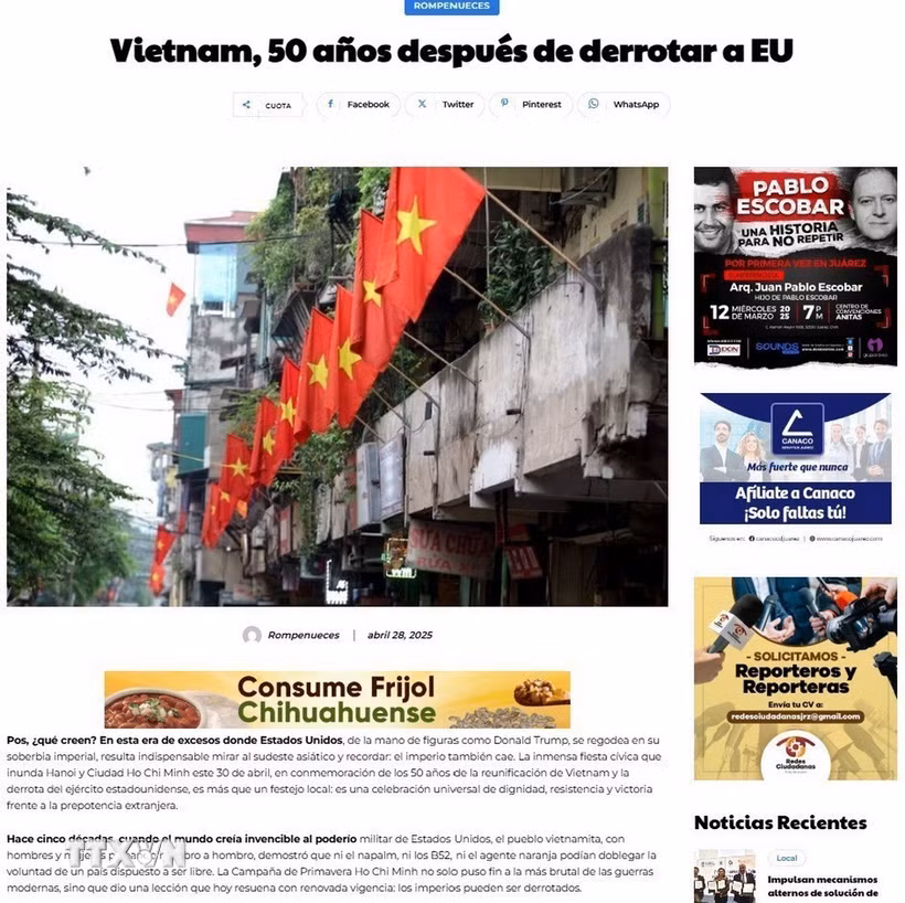 Bài viết “Việt Nam, 50 năm sau khi thắng Mỹ” của tác giả Carlos Mendez (bút danh Rompenueces- Kẹp hạt dẻ). (Ảnh chụp màn hình : Mai Phương/TTXVN)