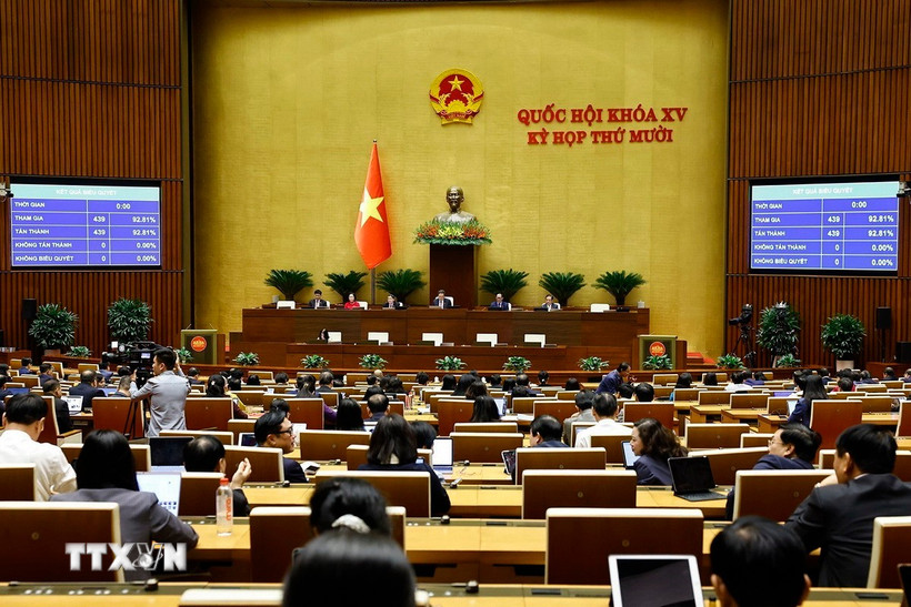 Quốc hội biểu quyết thông qua Nghị quyết về việc thực hiện một số nghị quyết của Quốc hội nhiệm kỳ khóa XIV và khóa XV về giám sát chuyên đề, chất vấn. (Ảnh: Doãn Tấn/TTXVN)