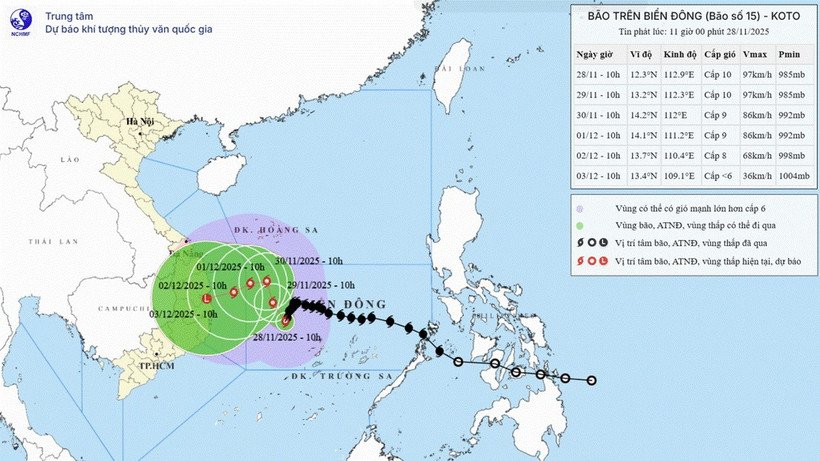 Hình ảnh đường đi của bão số 15 lúc 10h ngày 28/11. (Ảnh: Trung tâm dự báo khí tượng thủy văn Quốc gia)