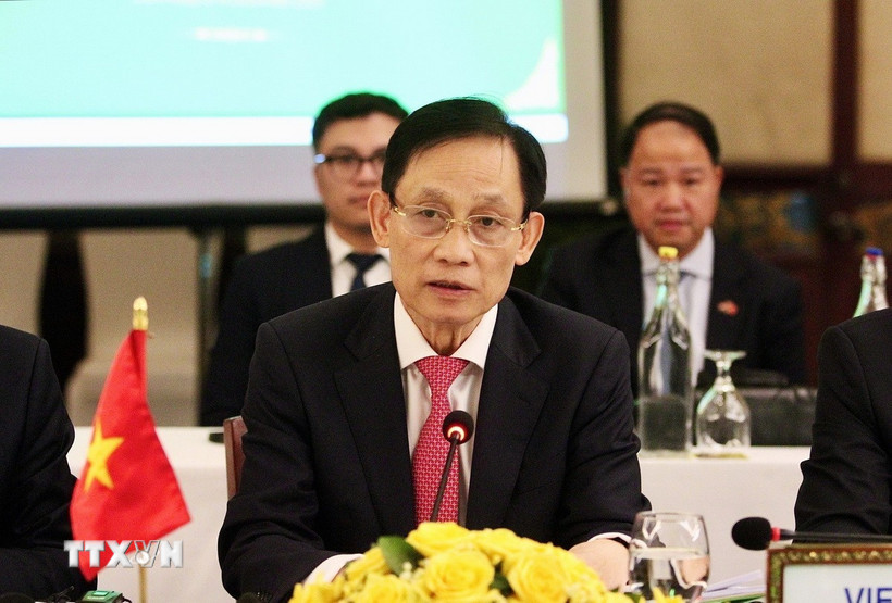 Bộ trưởng Bộ Ngoại giao Việt Nam Lê Hoài Trung phát biểu tại kỳ họp. (Ảnh: Quang Anh/TTXVN)